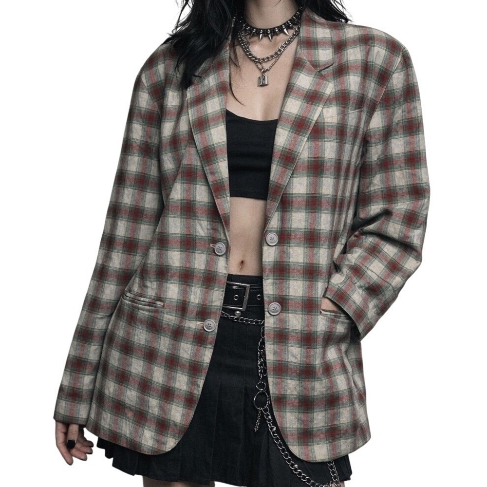PennyBlack Tartan Plaid Oversized Blazer Linen Cotton Blend Size 8 VTG 90s Italy